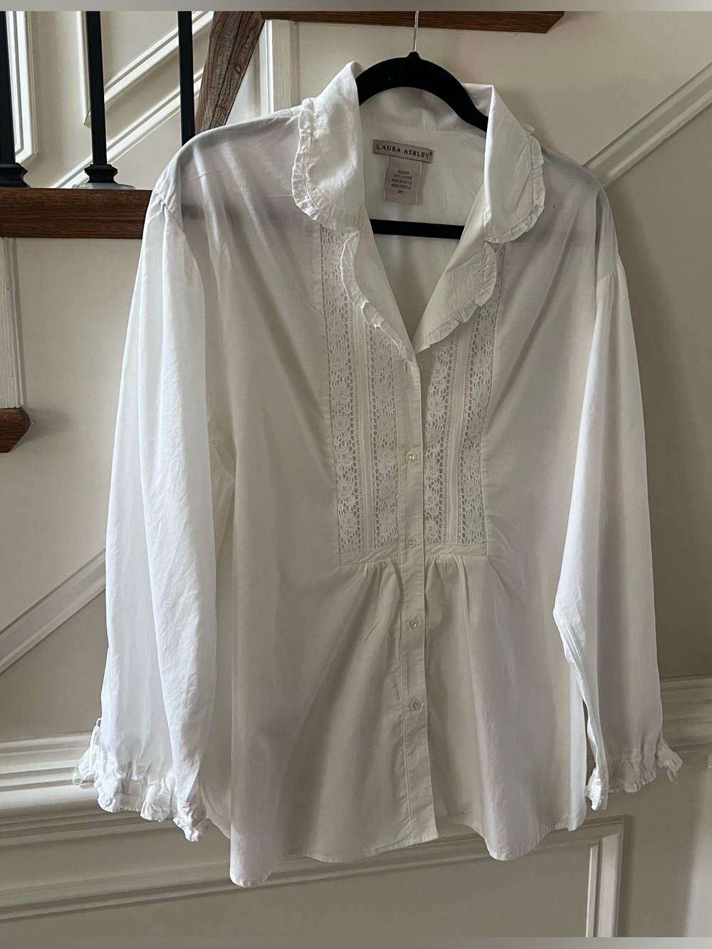 Laura Ashley White Ruffled Lace-Panel Button-Down Blouse